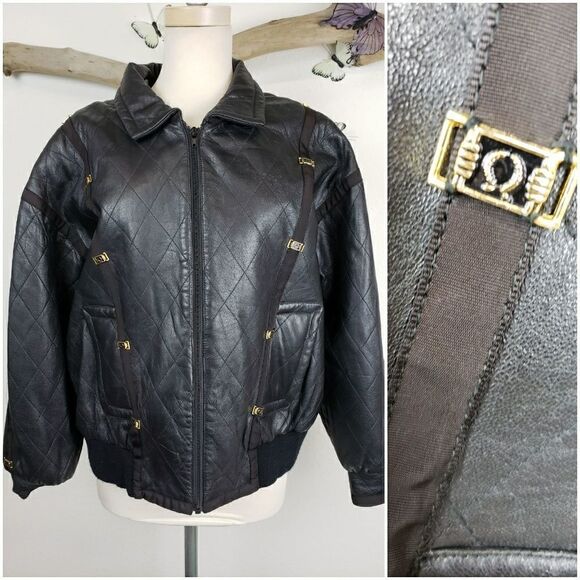 Vintage embellished black leather bomber jacket - Picture 1 of 14